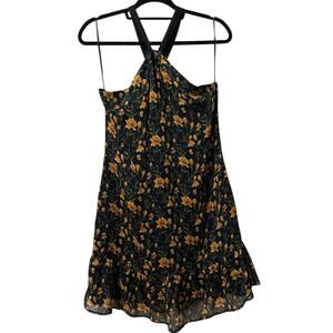 Sam Edelman Floral Halter Mini Dress Women's 10 Black Yellow Green Ruffle Y2K